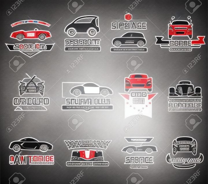 Sport racing car team logo stamps set isolated vector illustration