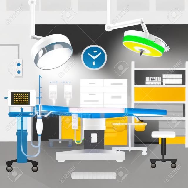 Equipamento de sala de cirurgia médica e acessórios com mesa de tratamento de monitores e grande ilustração vetorial abstrata de luz de cirurgia