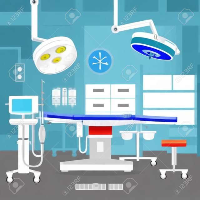 Orvosi műtőben felszerelések és kiegészítők monitorokkal kezelés asztalra, és nagy műtét fény elvont vektoros illusztráció