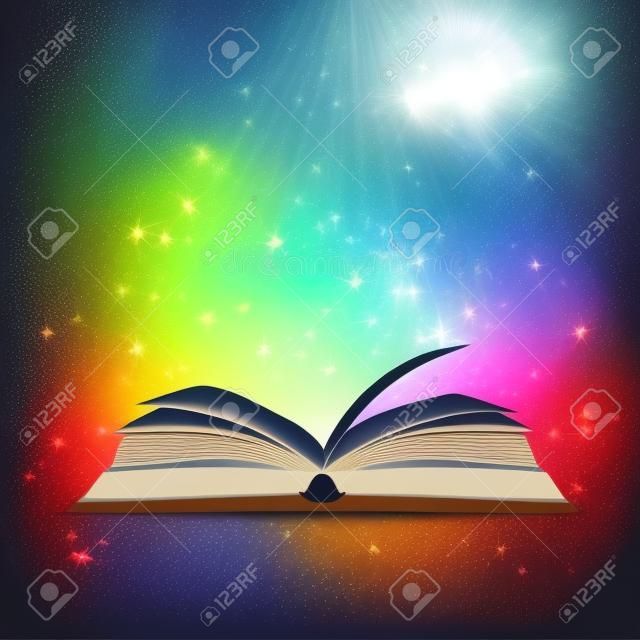 Open book with mystic bright light on background magic poster vector illustration