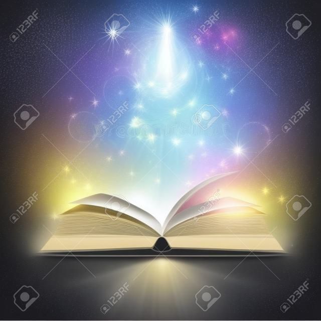 Libro aperto con luce mistica su sfondo manifesto magia illustrazione vettoriale