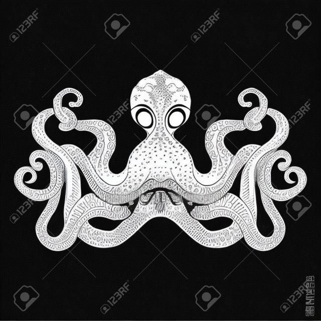 Staring octopus stylized character embroidery or engraving  pattern pictogram design print doodle black line abstract vector illustration