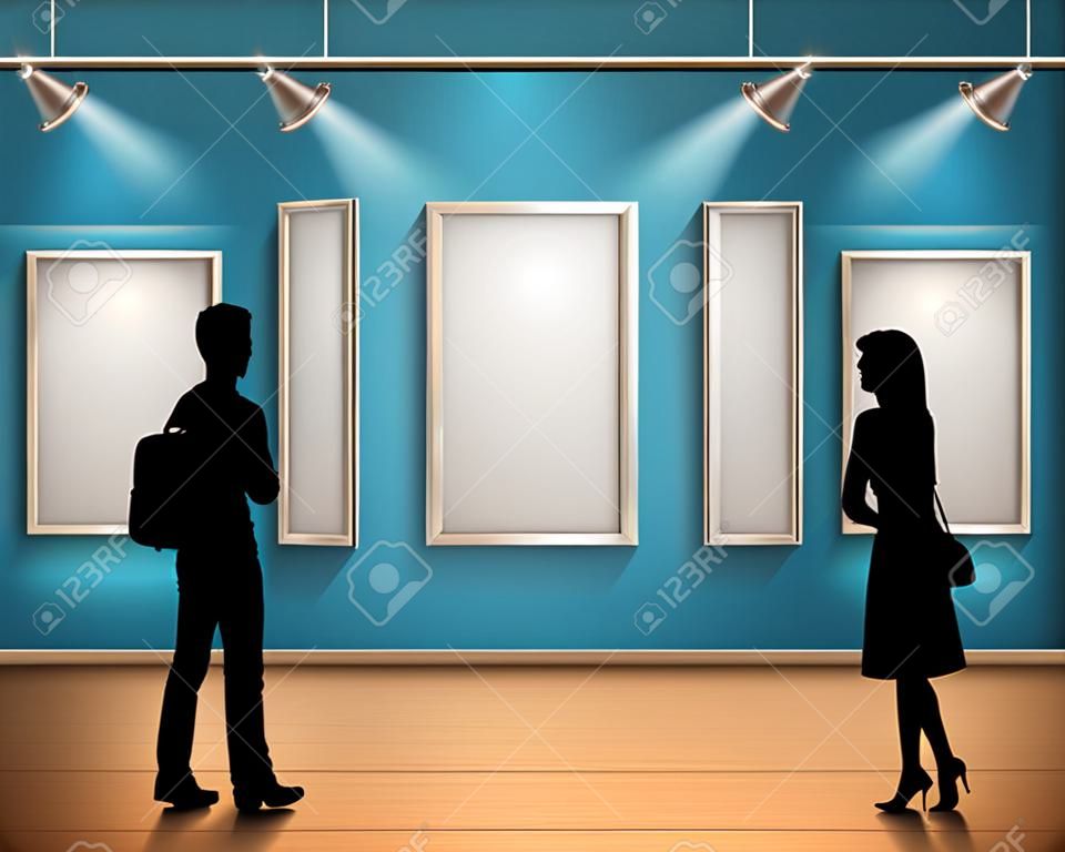 People silhouettes in front of picture frames in art gallery interior vector illustration