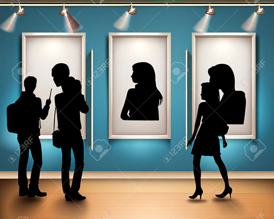 Pessoas silhuetas na frente de molduras de imagem na galeria de arte ilustração vetorial interior
