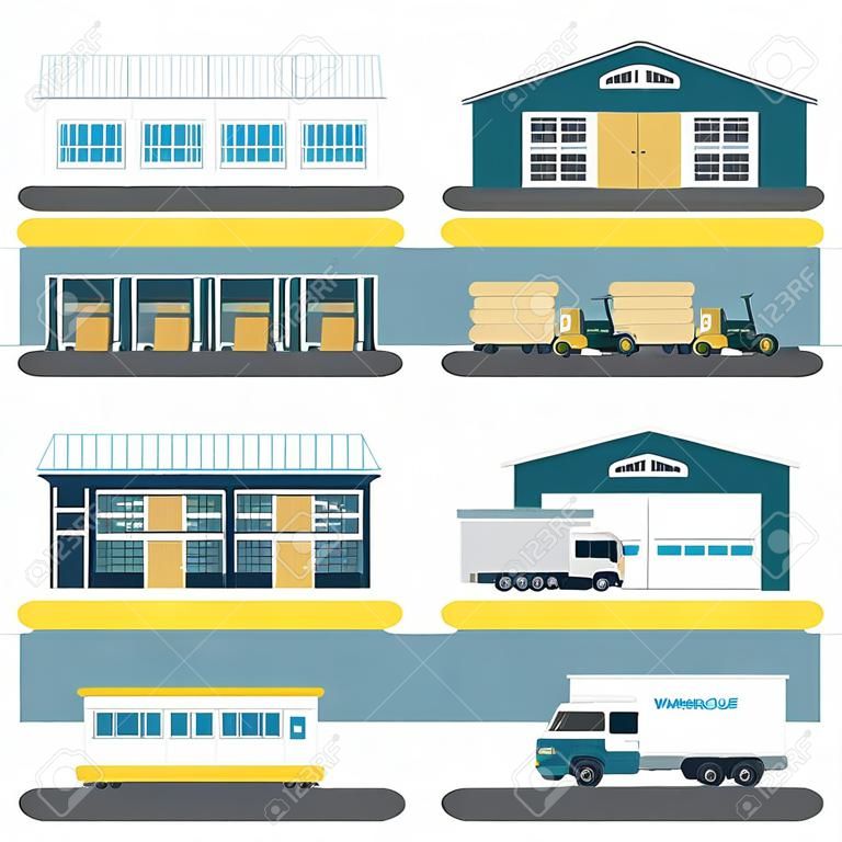 Icone piane edificio magazzino impostata con veicoli per il trasporto illustrazione vettoriale isolato