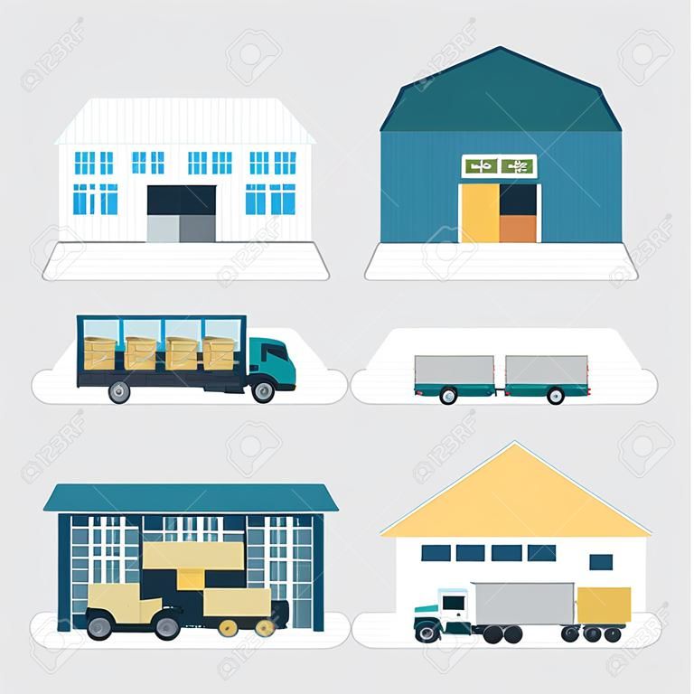 Icone piane edificio magazzino impostata con veicoli per il trasporto illustrazione vettoriale isolato