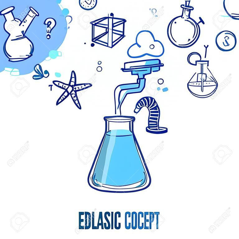 Concept de l'éducation avec flacon de laboratoire réaliste et symboles scientifiques esquisse illustration vectorielle