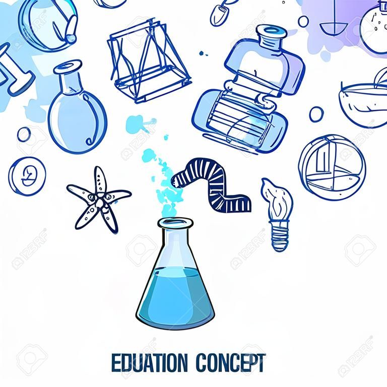 Onderwijs concept met realistische laboratoriumkolf en schets wetenschap symbolen vector illustratie