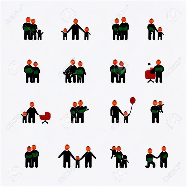 Famille noire icônes blanc serti homme, femme et enfants plat isolé illustration vectorielle