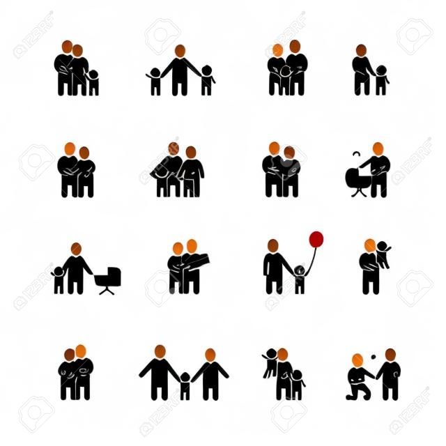 Family black white icons set with man woman and children flat isolated vector illustration
