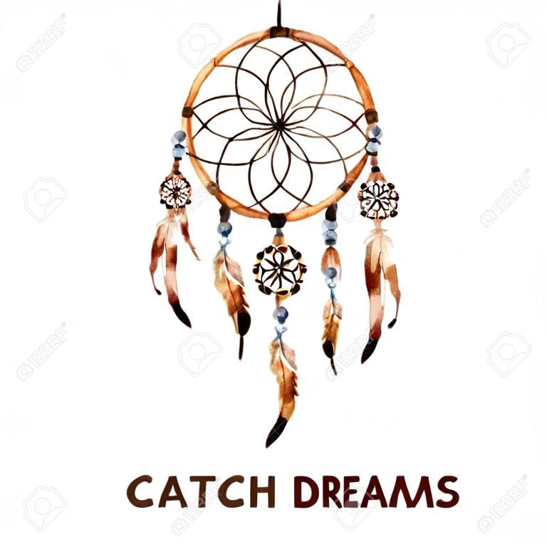 Native american indian magical dreamcatcher with sacred feathers to catch dreams watercolor pictogram icon abstract vector illustration