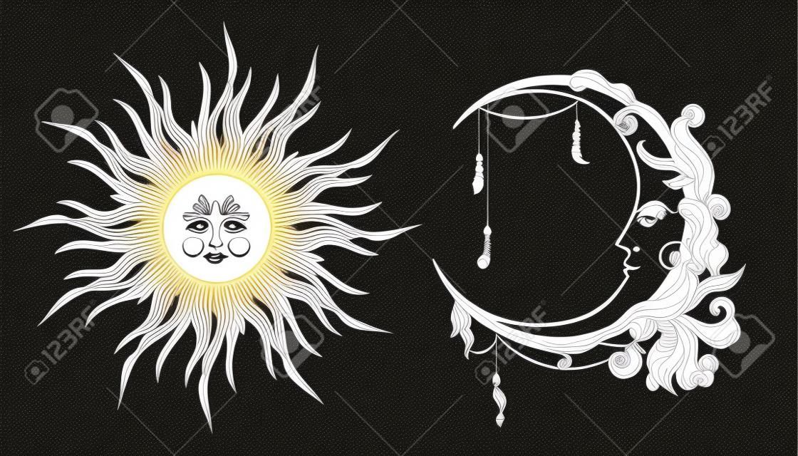 Dekoratív nap és a hold az antropomorf arc kézzel rajzolt elszigetelt vektoros illusztráció