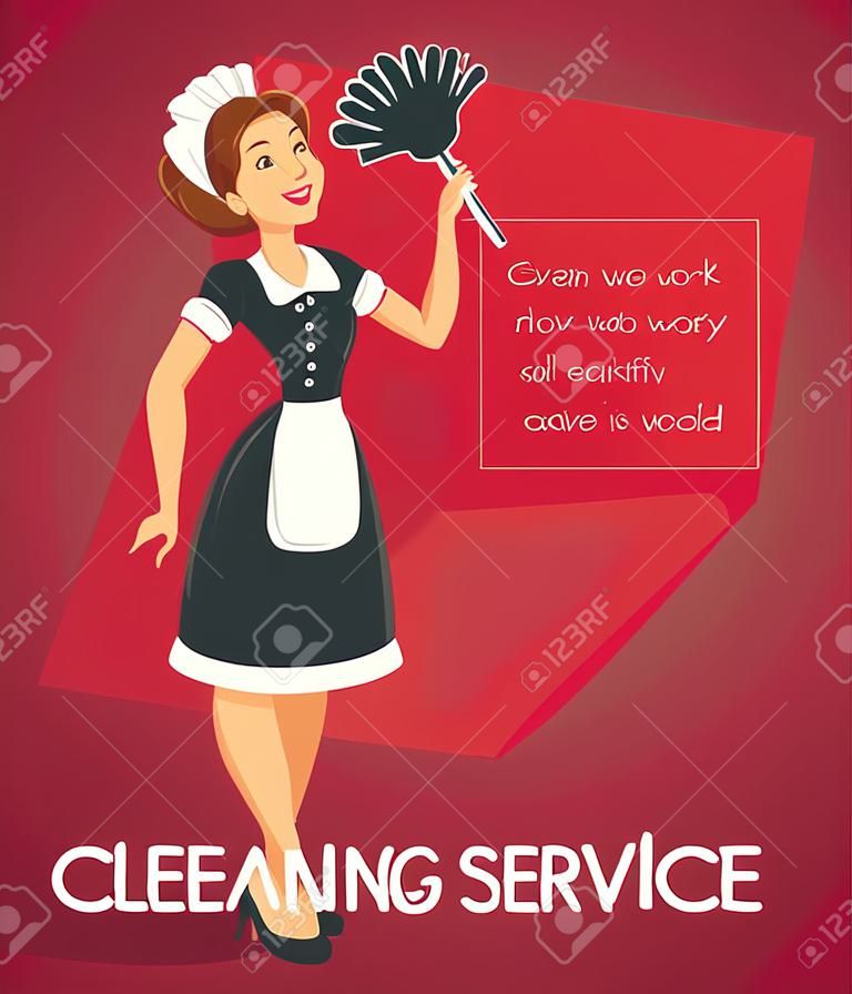 Reinigungsservice Werbung mit Putzfrau in der klassischen Mädchenkleid cartoon Vektor-Illustration