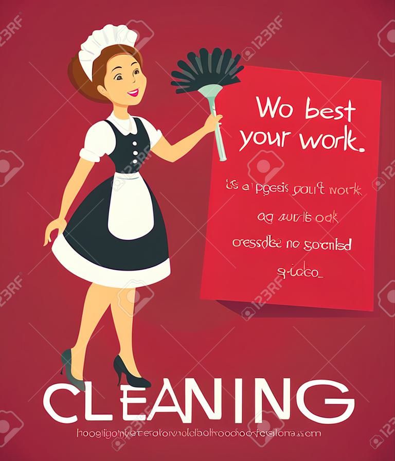 Servizio di pulizia annuncio con donna delle pulizie nel classico abito cameriera fumetto illustrazione vettoriale