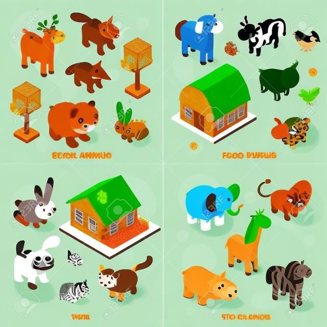 Animales concepto de diseño conjunto con la granja y animales de zoológico forestales isométrica y mascotas aislado ilustración vectorial