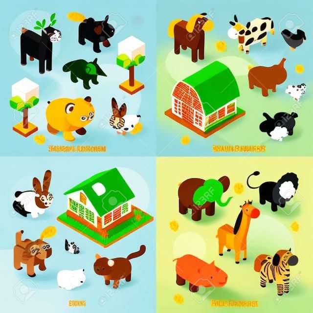 Concetto di Animals Design insieme con la foresta isometrica aziende agricole e animali da zoo e gli animali domestici illustrazione vettoriale isolato