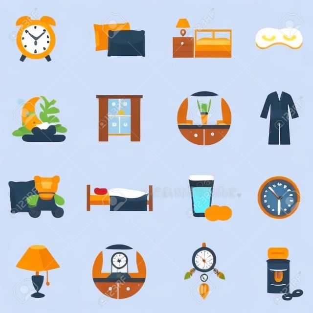 Sleep time flat icons set with alarm clock pillows and bedroom furniture isolated vector illustration