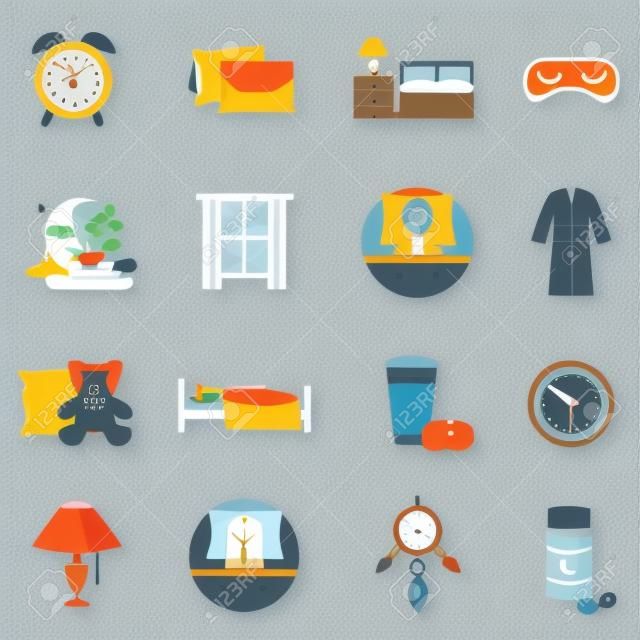 Iconos planos de tiempo del sueño fijan con almohadas despertador y aislados muebles de dormitorio ilustración vectorial
