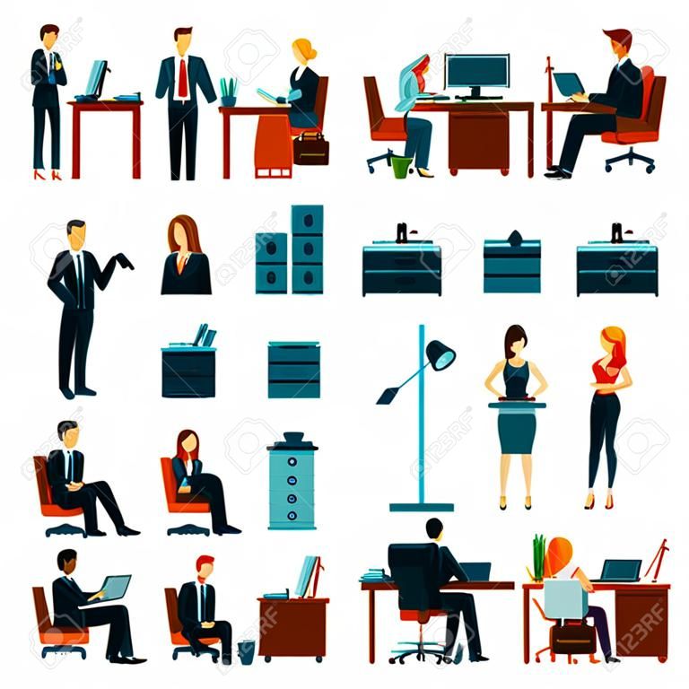 iconos de los trabajadores de oficina se establece con la ilustración vectorial elementos de la gente de negocios de flujo de trabajo aislado