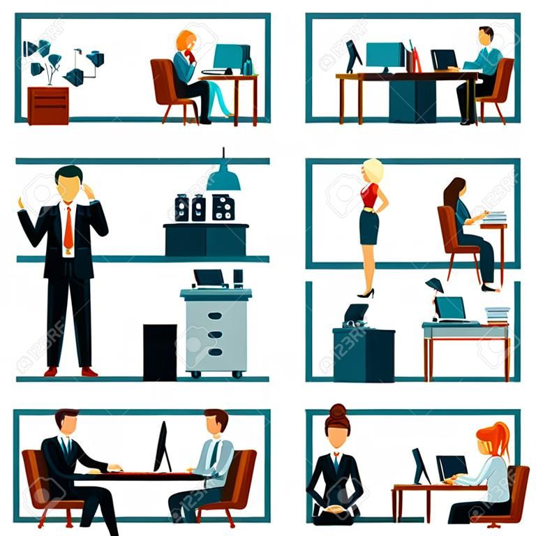 iconos de los trabajadores de oficina se establece con la ilustración vectorial elementos de la gente de negocios de flujo de trabajo aislado