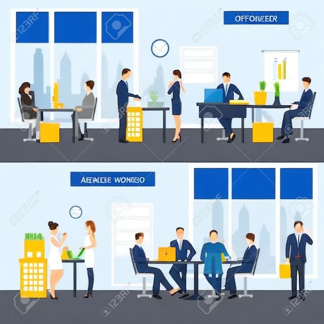 Conjunto de banner horizontal do trabalhador de escritório com ilustração vetorial isolada de conferência de negócios