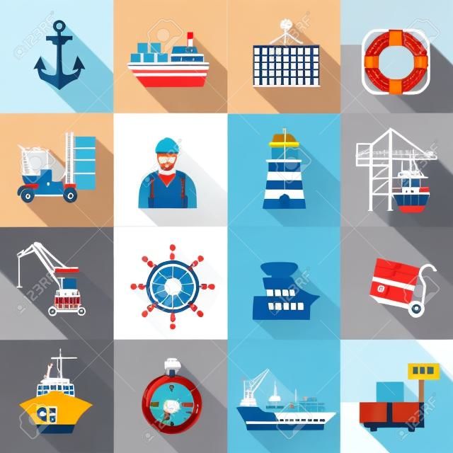 Морской порт плоский набор иконок с Якорь контейнеровоз надувную изолированных векторные иллюстрации