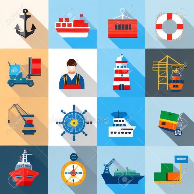 Морской порт плоский набор иконок с Якорь контейнеровоз надувную изолированных векторные иллюстрации