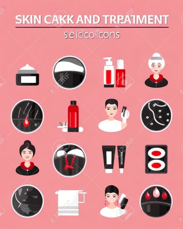 A bőr kozmetikai és kezelési vörös fekete ikon készlet krémekkel és olajjal lapos elszigetelt vektoros illusztráció