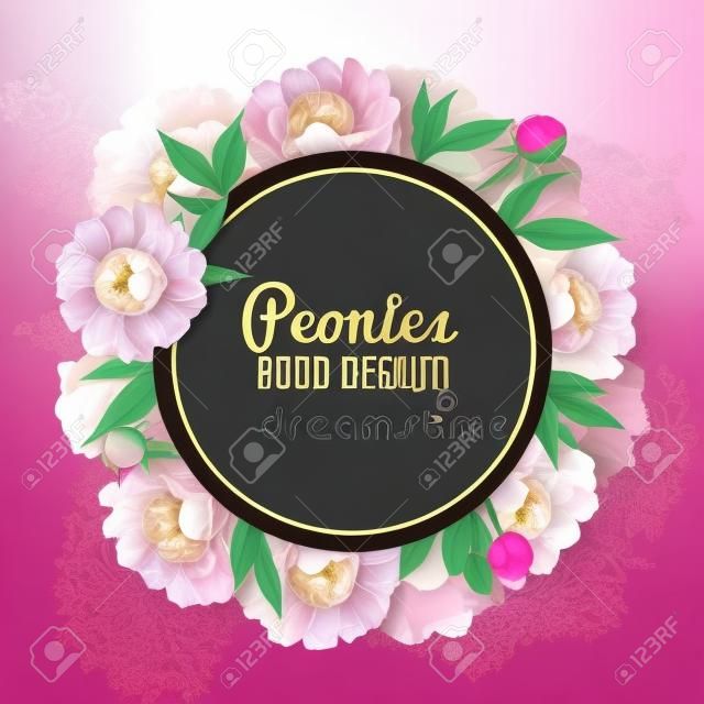 Peony round frame card design for greeting or invitation realistic vector illustration