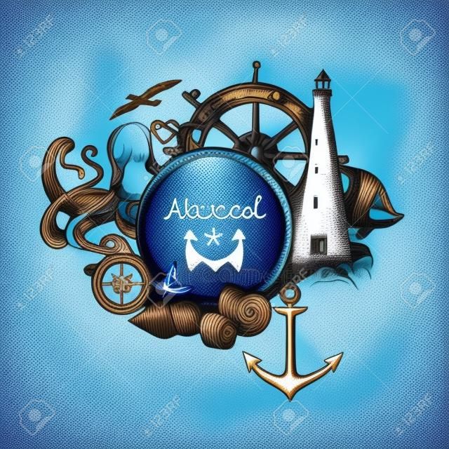 Nautische zeesymbolen compositie doodle ontwerp met ankerkompas en vuurtoren in blauwe zee abstract vector illustratie
