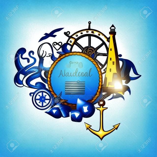 航海海符號組成的塗鴉設計錨指南針和燈塔藍色海洋抽象的矢量插圖