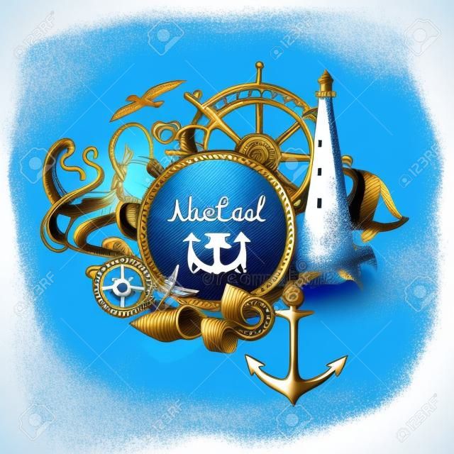 Nautical Meer Symbole Zusammensetzung Gekritzelentwurf mit Anker Kompass und Leuchtturm im Blue Marine abstrakten Vektor-Illustration