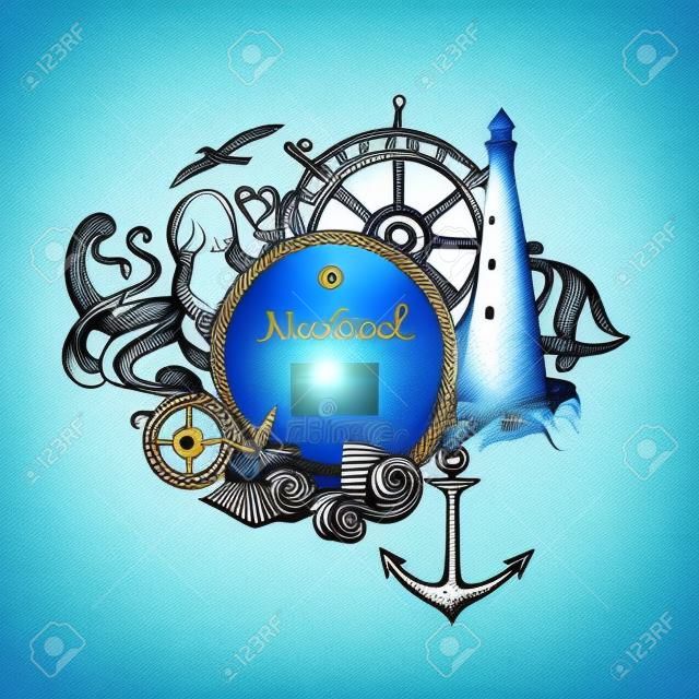 Nautische zeesymbolen compositie doodle ontwerp met ankerkompas en vuurtoren in blauwe zee abstract vector illustratie