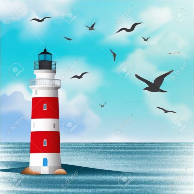 在沙灘上的背景矢量插圖海鷗和海洋上的燈塔現實