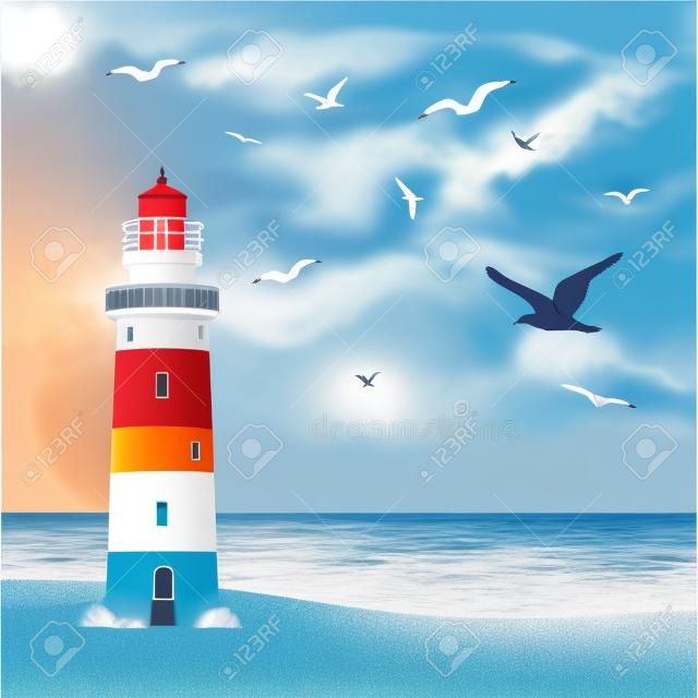 Realistische Leuchtturm am Strand mit Möwen und Meer im Hintergrund Vektor-Illustration