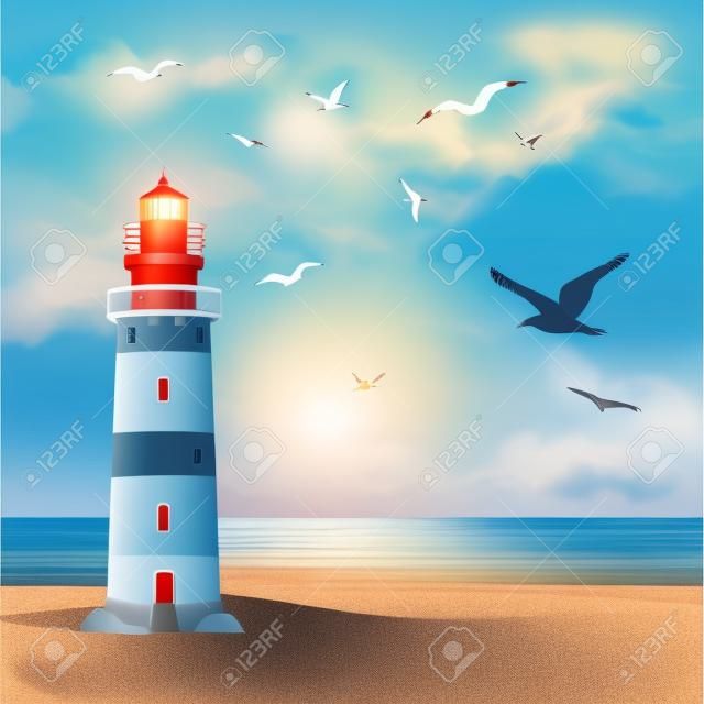 カモメと背景ベクトル図に海とビーチで現実的な灯台