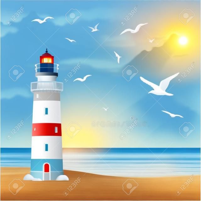在沙灘上的背景矢量插圖海鷗和海洋上的燈塔現實