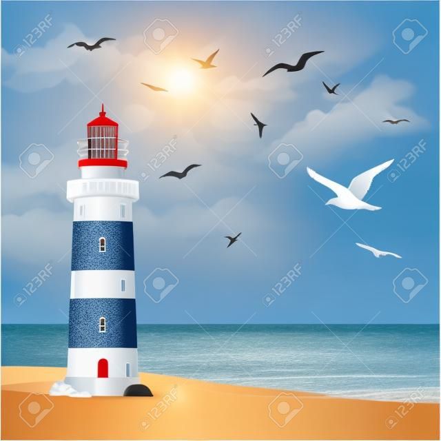 Faro realista en la playa con las gaviotas y el océano en la ilustración del vector del fondo