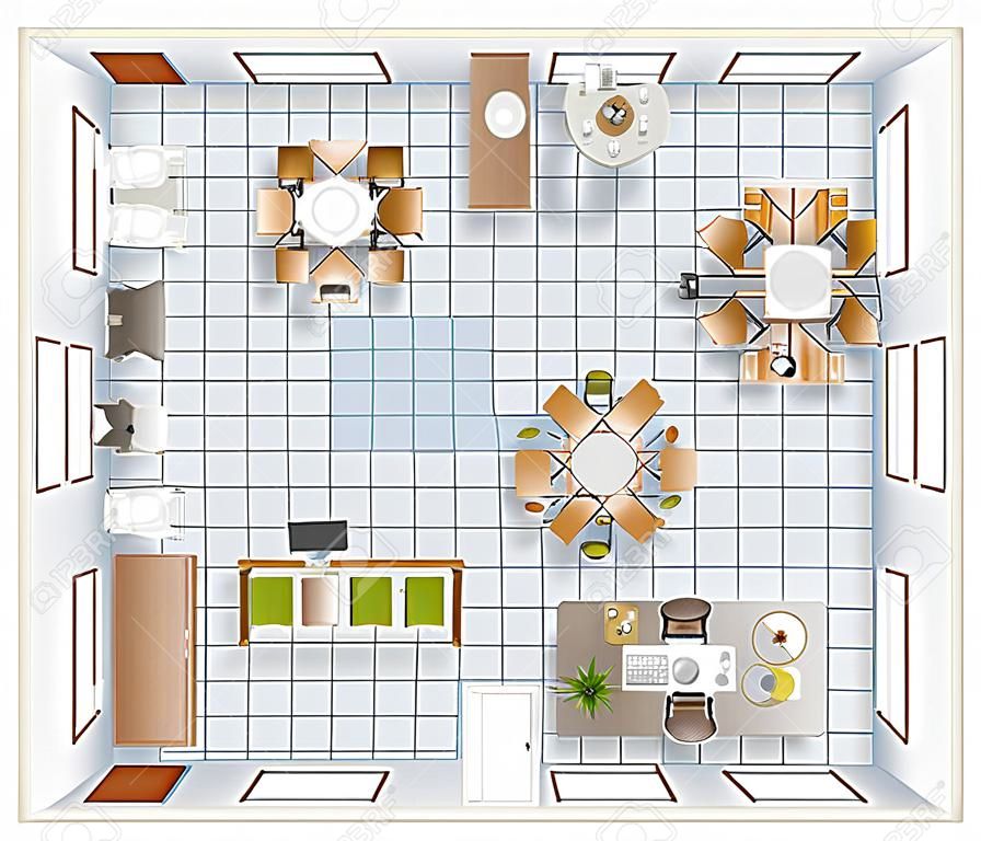 Modelo de projeto de vista superior interior do escritório com sala de conferências e ilustração vetorial de banheiro