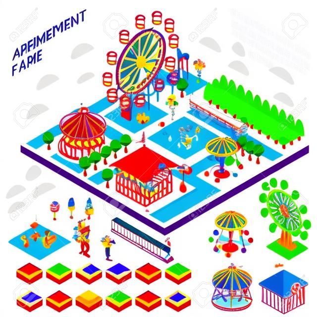 Amusement park attractions elements map creator isometric symbols for fairground composition banner abstract vector illustration