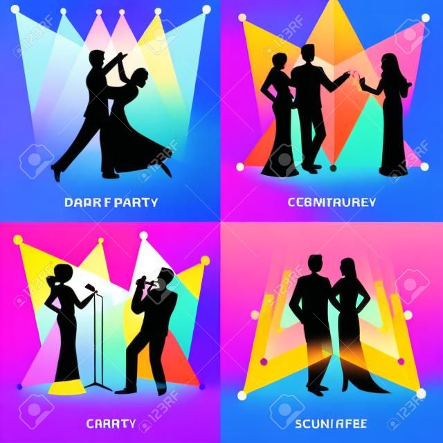 Conjunto de conceito de design de festa com salão de baile e ícones de concerto plana ilustração vetorial isolada