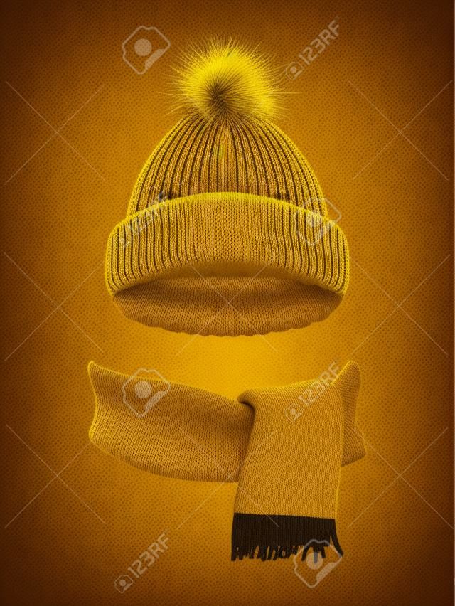 Modern winter knitted beanie hat with pompon and scarf set in yellow golden realistic pictogram vector illustration