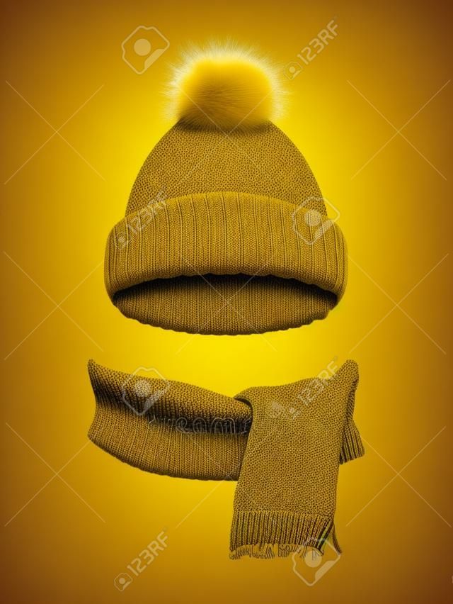 cappello cappello invernale a maglia moderna con pompon e sciarpa impostato in giallo oro illustrazione vettoriale pittogramma realistico