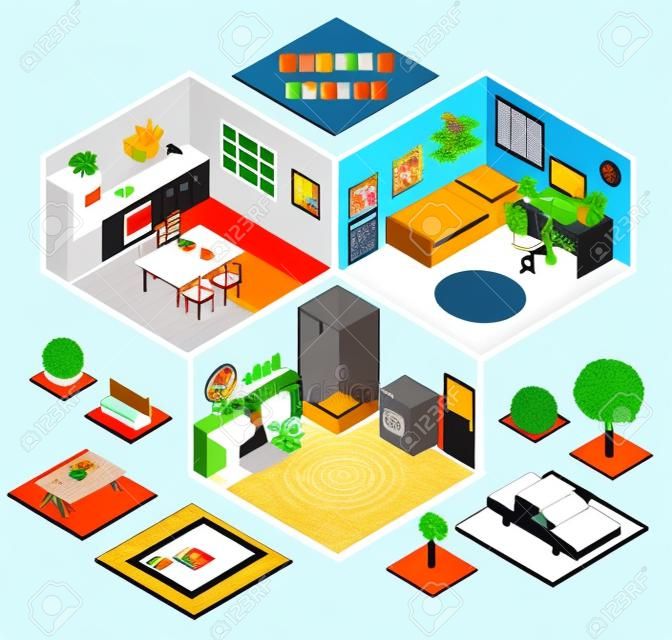 Isometric interior concept with indoor furniture and outdoor elements vector illustration
