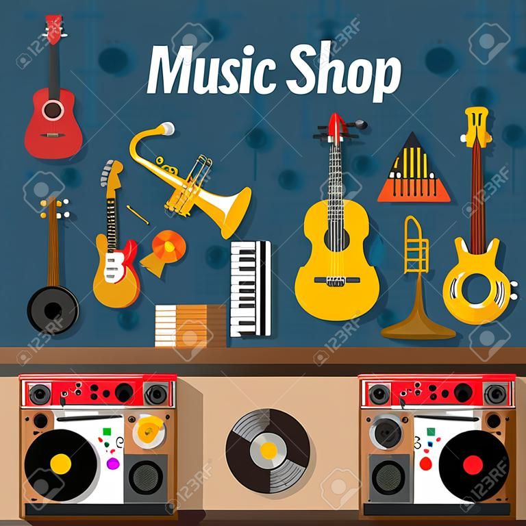 Music shop concept with musical instruments and records flat vector illustration