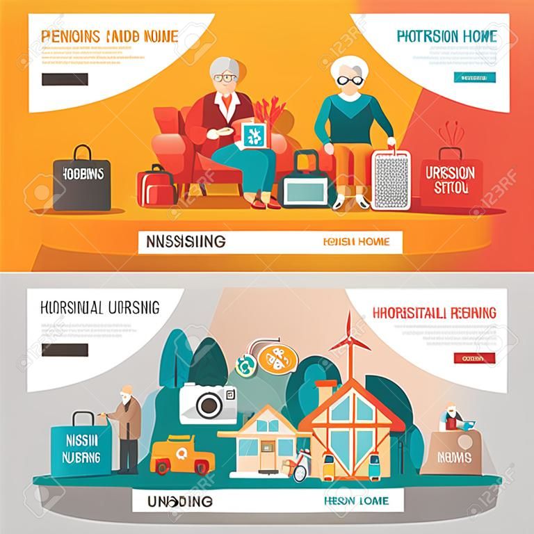 Oude mensen hobby's en interesses pensioen en verpleeghuis horizontale banners set platte vector illustratie