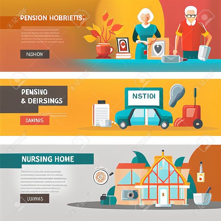 Oude mensen hobby's en interesses pensioen en verpleeghuis horizontale banners set platte vector illustratie