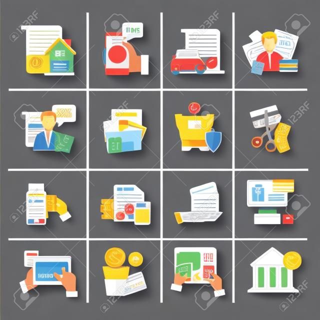 Loan debt flat color icons set of fast credit proposal budget scheduling mortgage loan  payment terminal and scissors cutting credit card isolated vector illustration