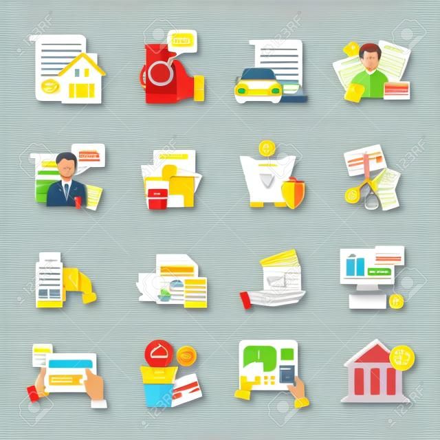 Loan debt flat color icons set of fast credit proposal budget scheduling mortgage loan  payment terminal and scissors cutting credit card isolated vector illustration