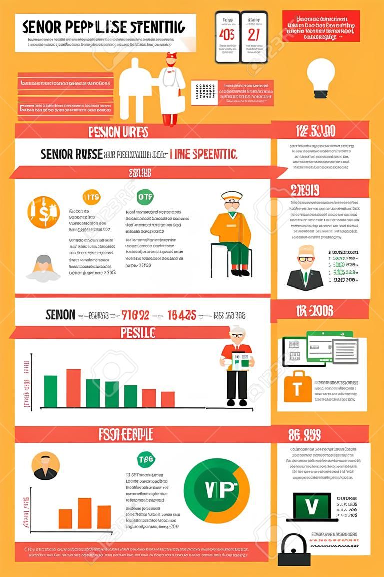 Infographic poster of senior people lifestyle statistic including pension nurse service and time spending flat vector illustration